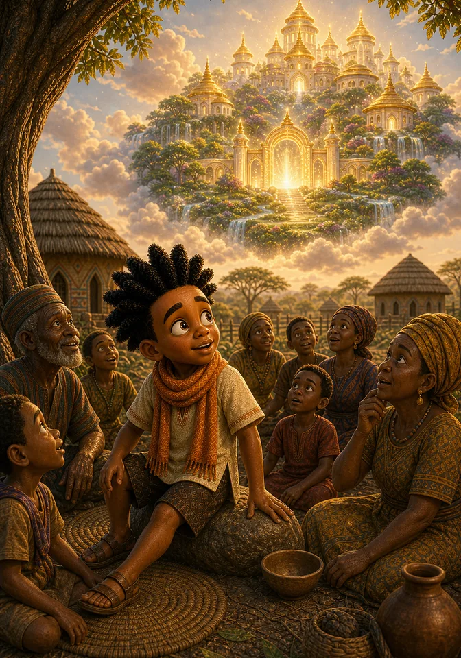 Kweku and the villagers imagine the golden Sky Kingdom above the clouds.