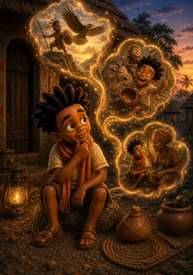 Kweku imagines bright story sparks swirling around him.