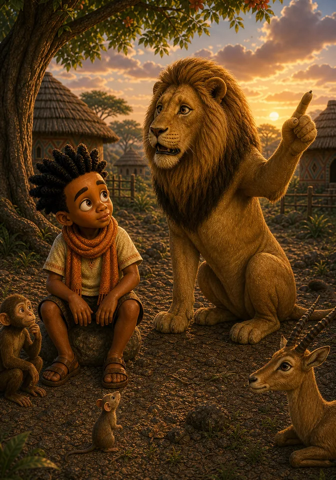 Lion warns Kweku while Kweku looks determinedly toward the sky.