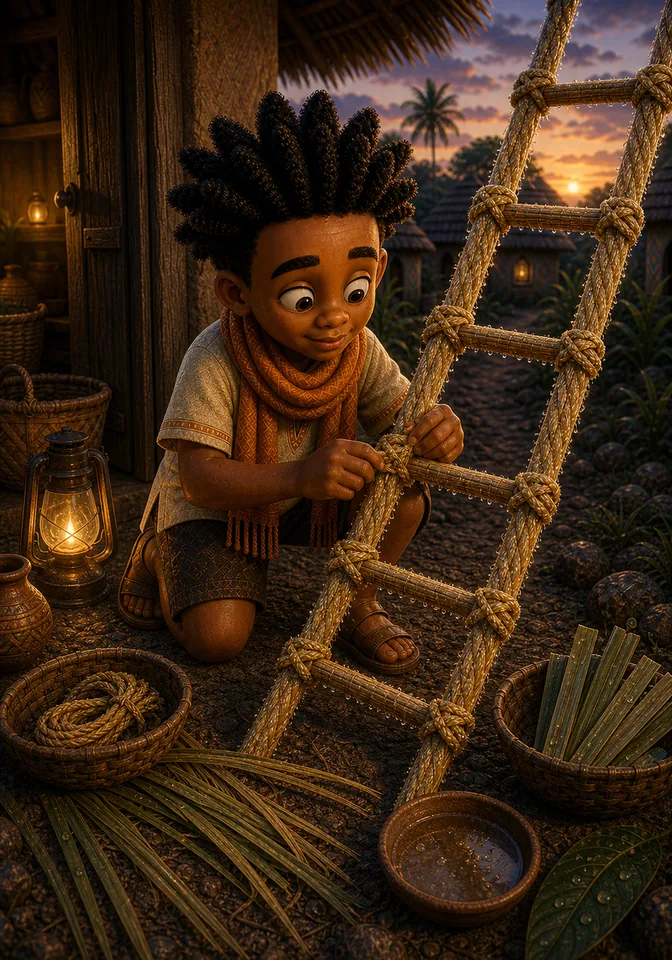 Kweku builds a narrow dew-lit raffia ladder before sunrise.