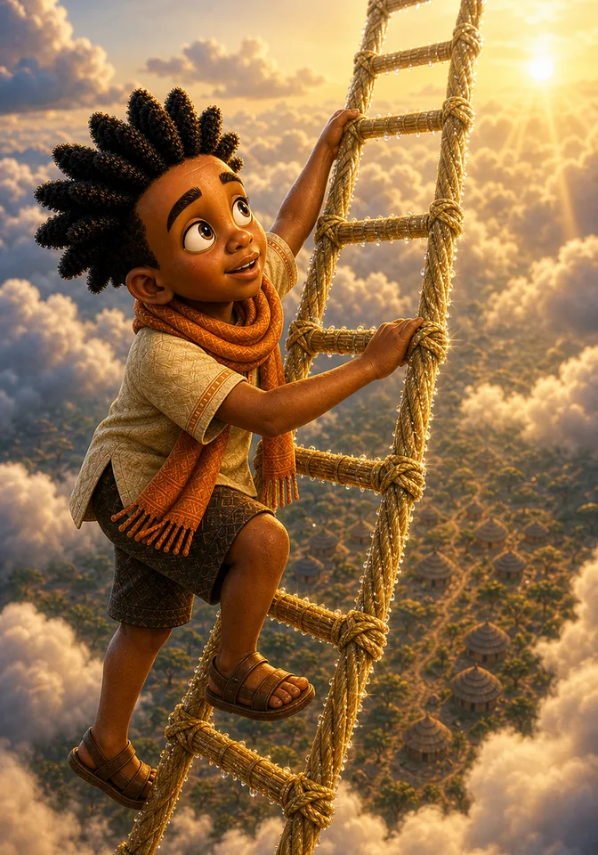 Kweku climbs the shimmering dew-lit ladder into the clouds.