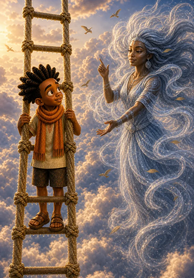 Kweku speaks bravely with the silver Wind Woman on the cloud path.