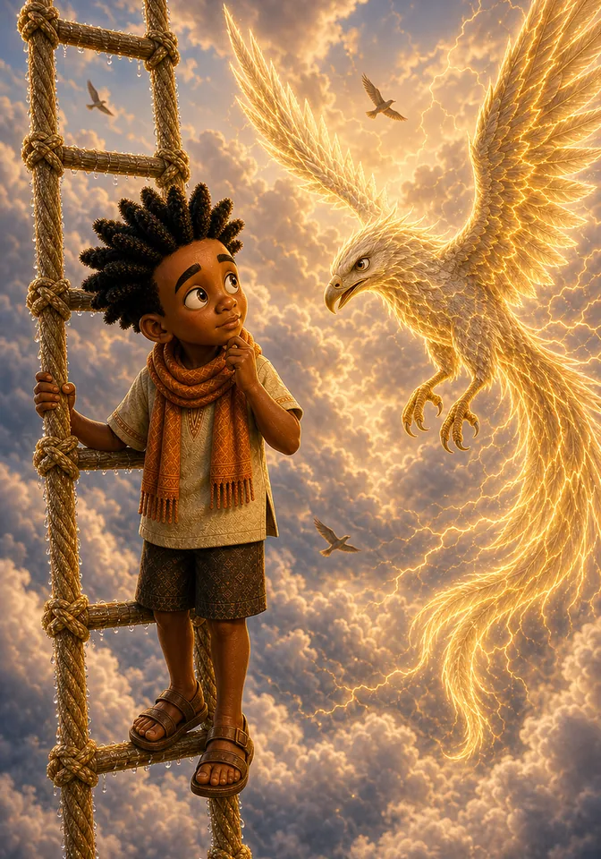 The Lightning Bird challenges Kweku about the power of stories.