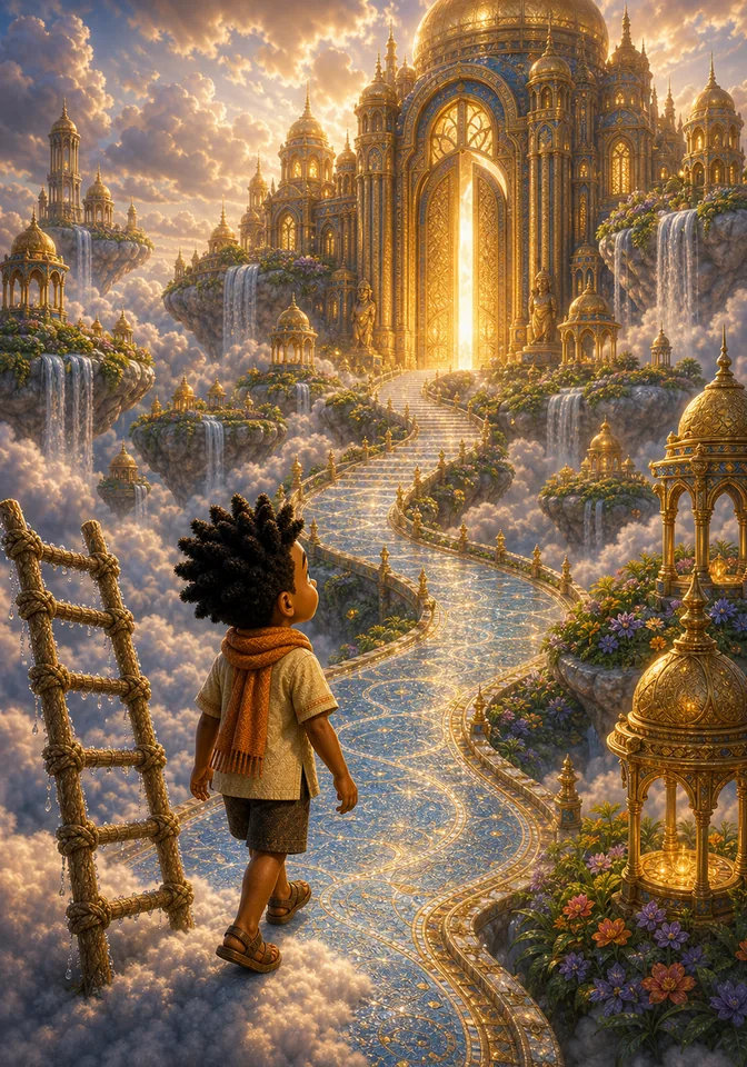 Kweku enters the glowing Sky Kingdom above the clouds.