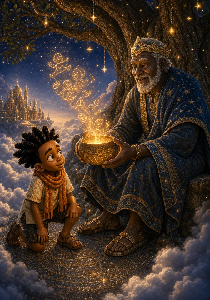 Nyame gives Kweku the glowing story calabash beneath a star tree.