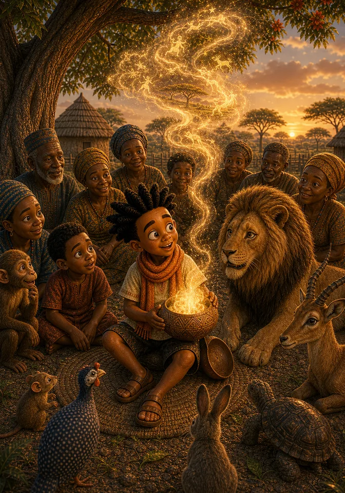 Kweku shares the first story from the glowing calabash beneath the tree.
