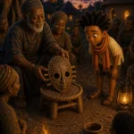 Elders place a carved spider mask on a stool while Kweku watches.