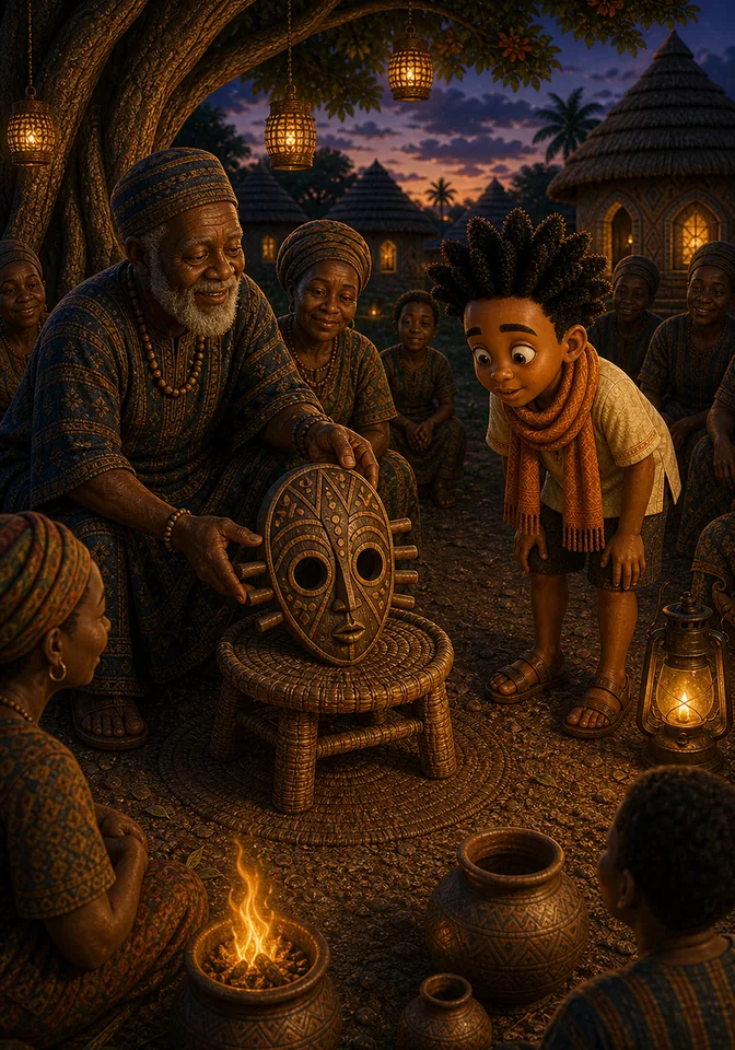 Elders place a carved spider mask on a stool while Kweku watches.