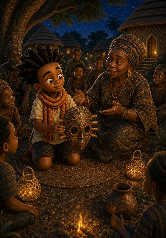 Auntie Ama explains the wooden spider mask as Kweku holds it.