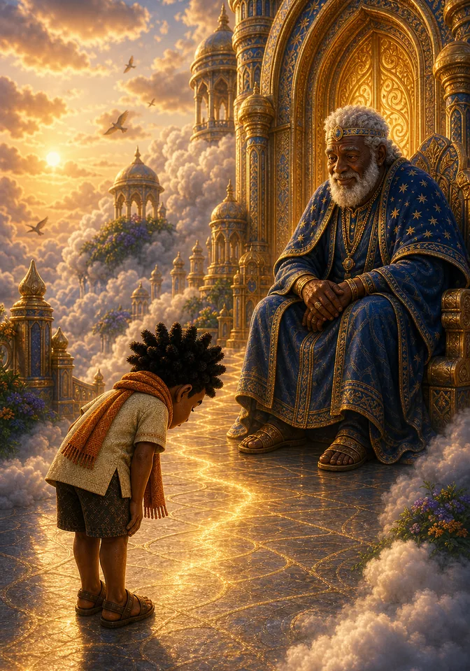 Kweku bows before Nyame at the cloud palace.