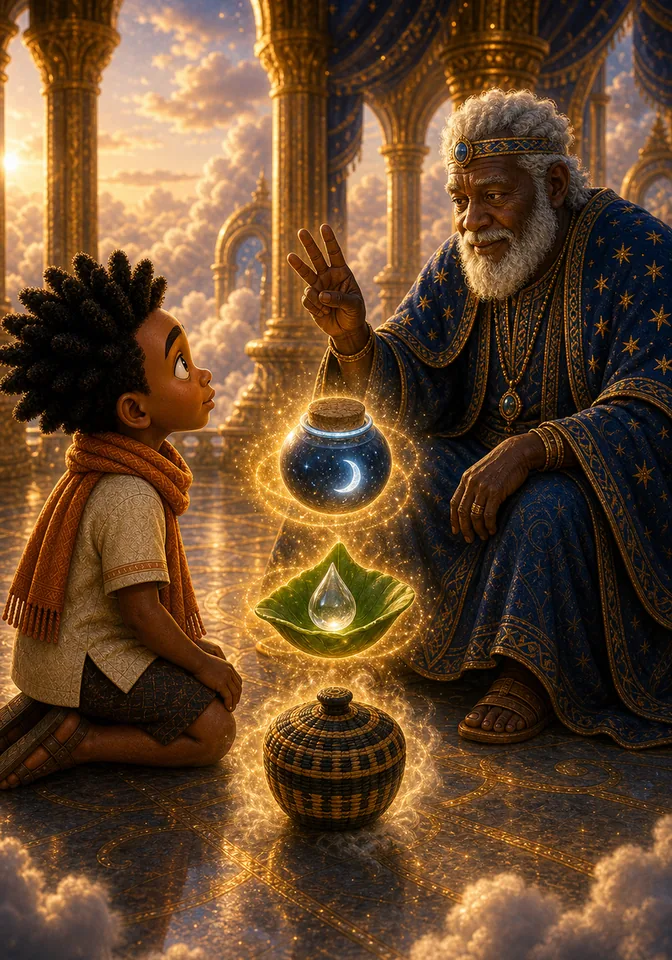 Nyame shows Kweku the three impossible tasks.