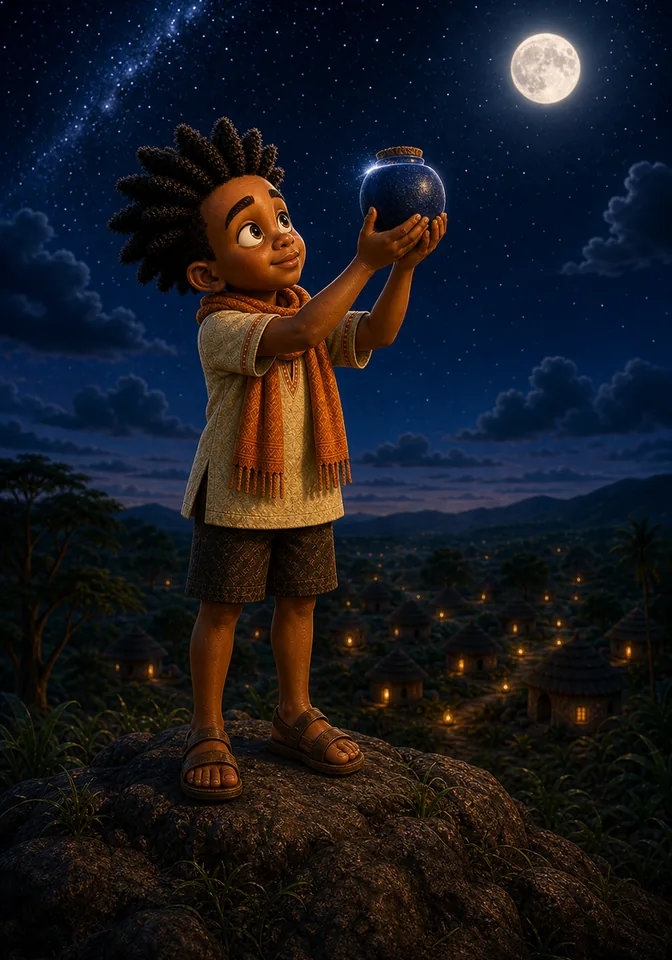 Kweku catches the moon's whisper in a dark blue calabash.