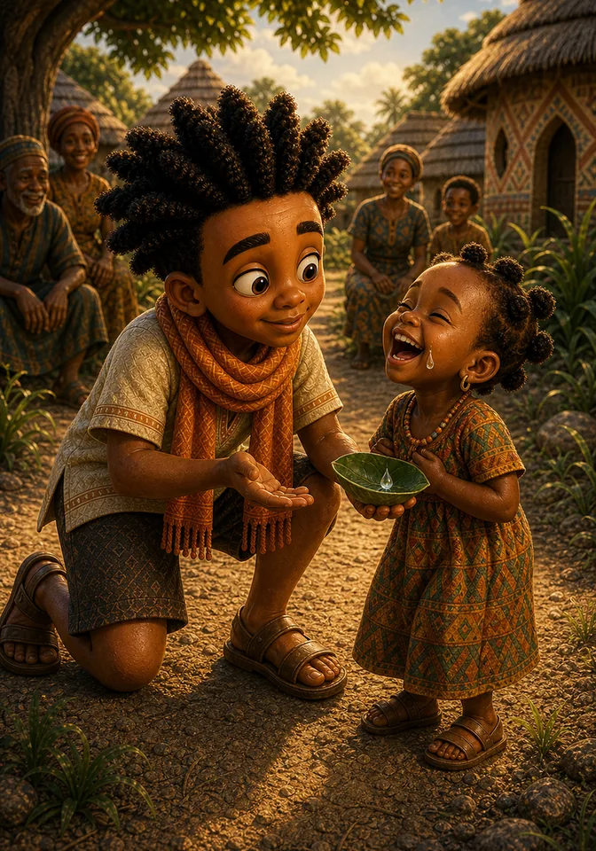 Kweku catches a laughing tear in a leaf cup.