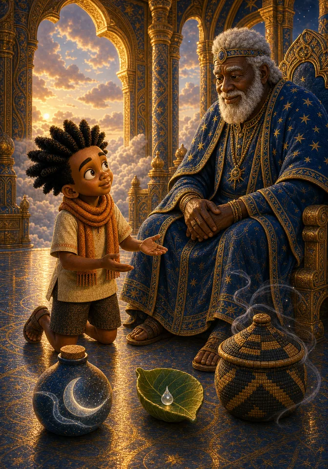 Kweku presents the three gifts to Nyame.