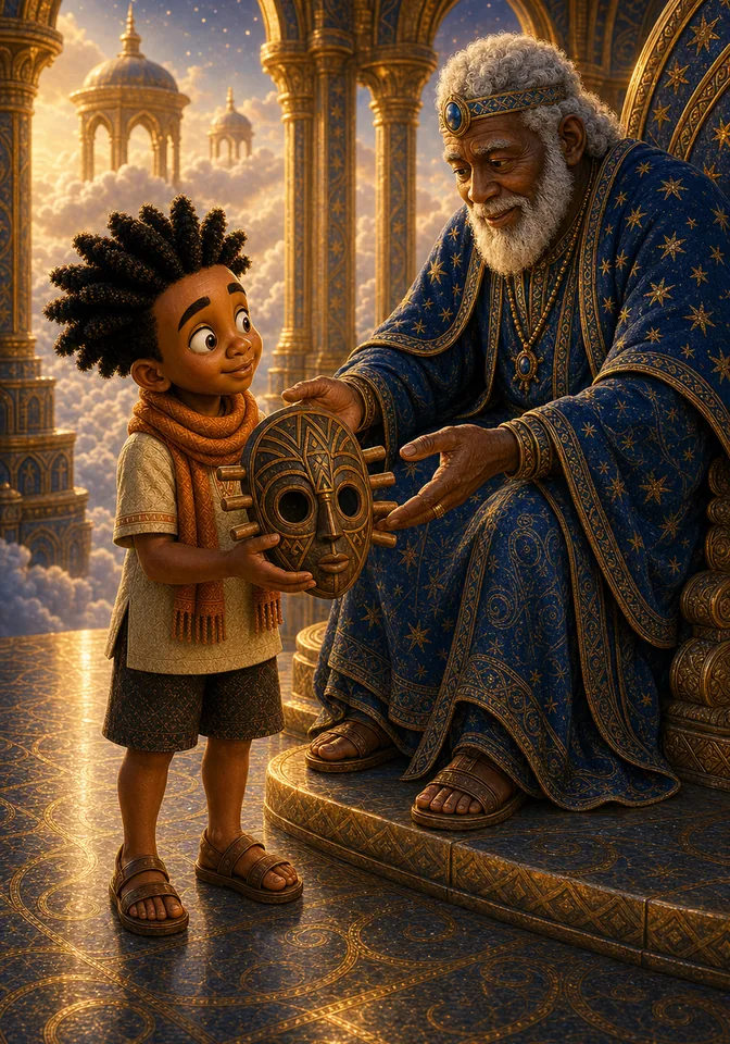 Nyame gives Kweku the carved wooden spider mask.