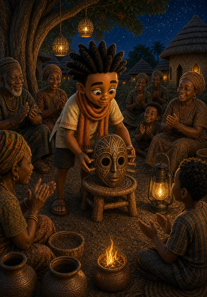 Kweku returns the spider mask to the stool as villagers clap.