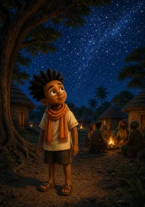 Kweku admires a vast starry sky over the village.