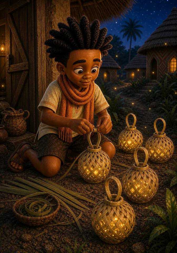 Kweku makes woven firefly lanterns.