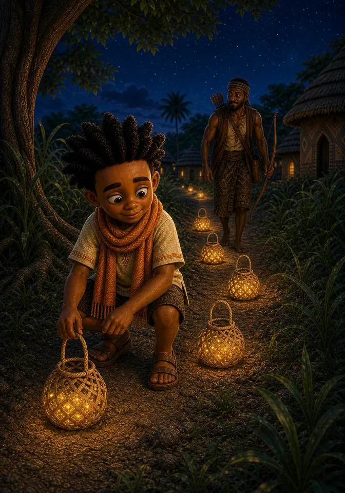 Kweku guides the hunter home with lantern dots.