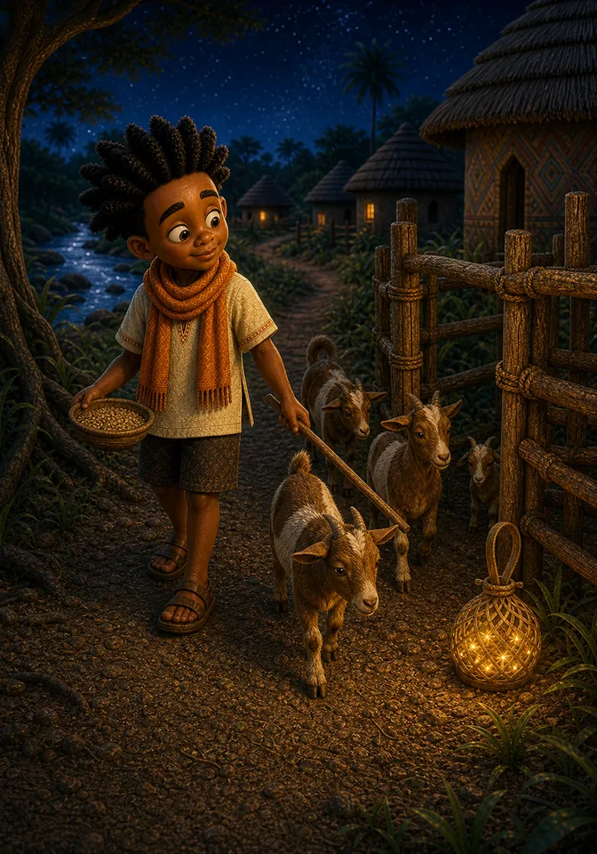 Kweku leads the goats safely back to their pen.