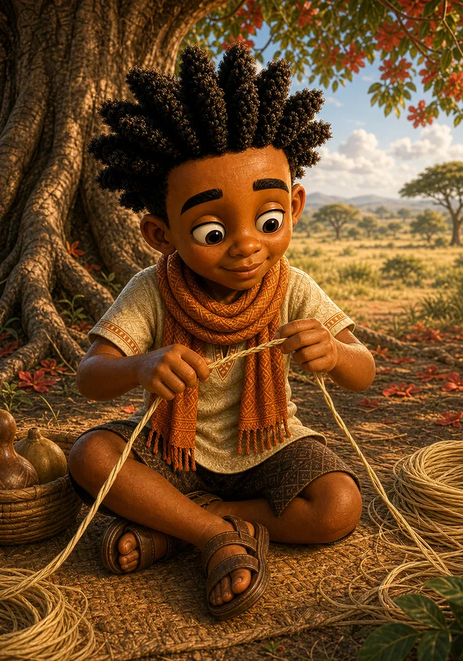 Kweku carefully twists a pale raffia strand between his fingers.
