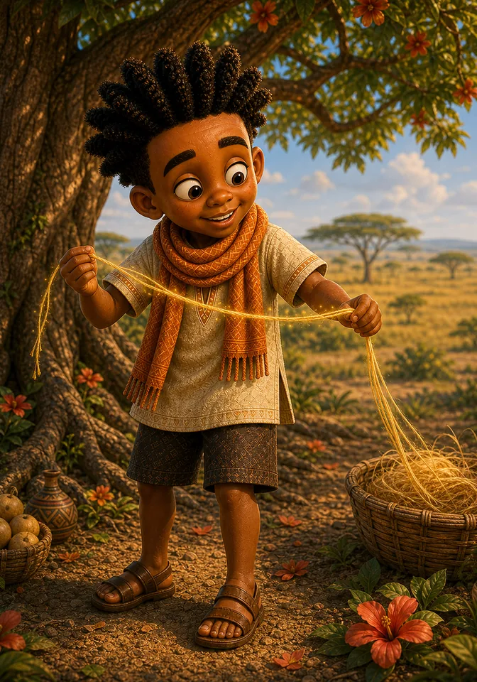Kweku smiles as he tests a glowing golden raffia strand.