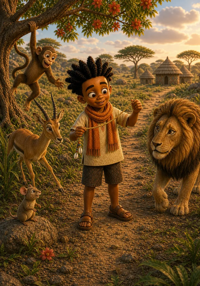 Kweku stands proudly with a finished golden story cord as Monkey, Antelope, Mouse, and Lion arrive.