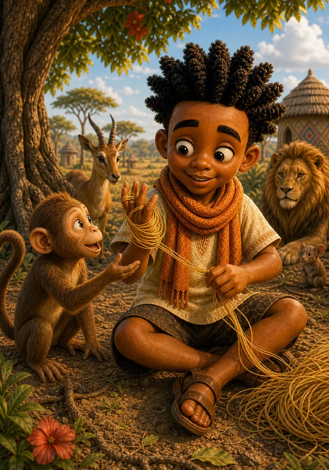 Monkey asks about the thread while Kweku smiles mysteriously.