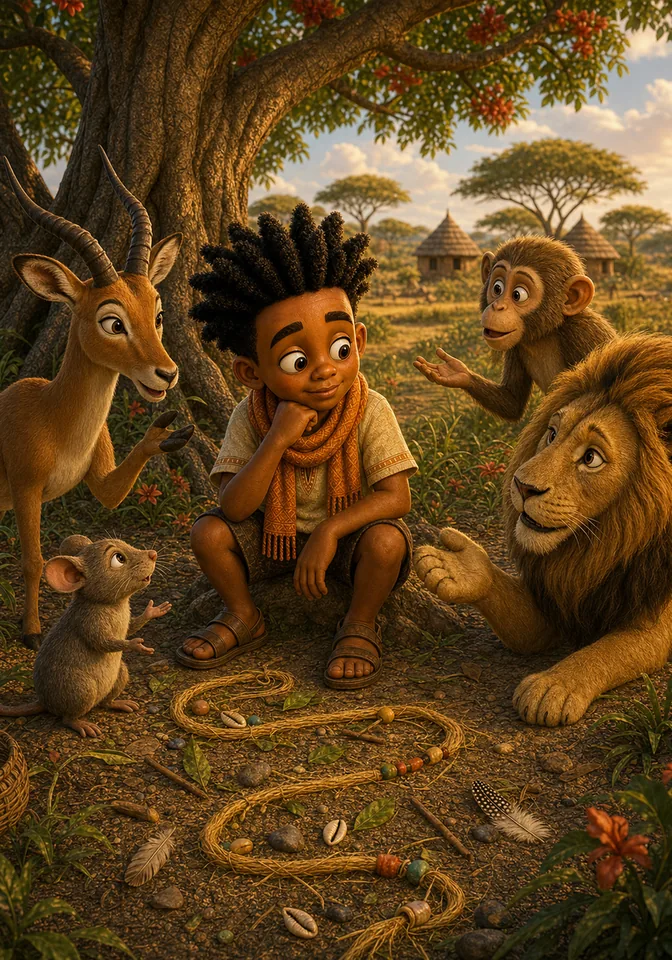 The animals ask Kweku to share the secret of the story thread.