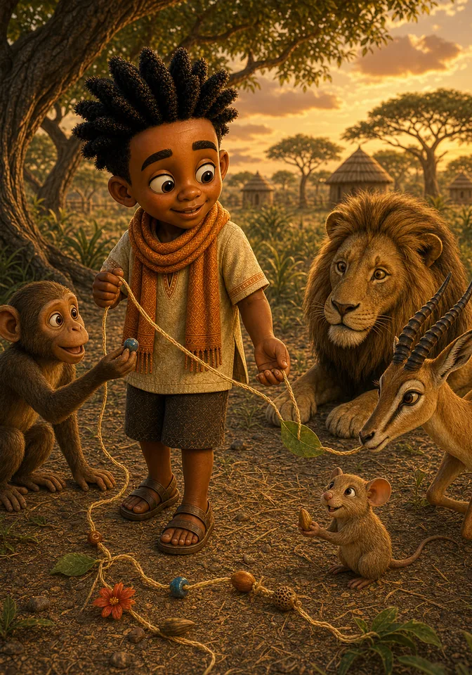 Kweku invites the animals to add something to the raffia thread.