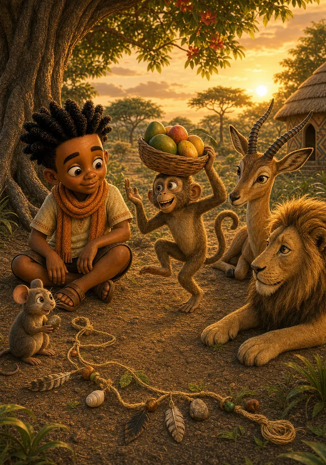 The animals share stories together near a loose golden raffia garland.