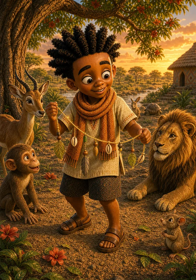 Kweku holds up the glowing story thread as the animals smile together.