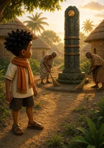 Kweku watches elders sweep around the guarded Time-Twisting Totem.