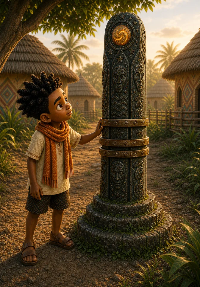 Kweku studies the carvings, bronze rings, and amber spiral.