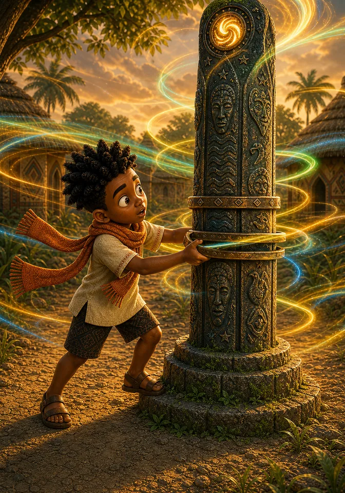Kweku twists the middle bronze ring and time-ribbons flare.