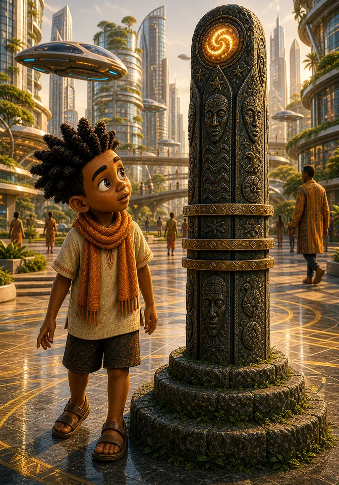Kweku appears beside the totem in a future Ghanaian city.