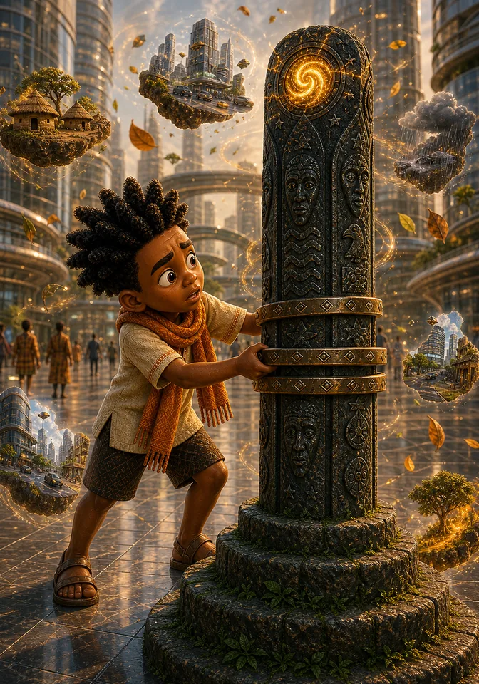 The totem jams as past and future fragments shimmer around Kweku.