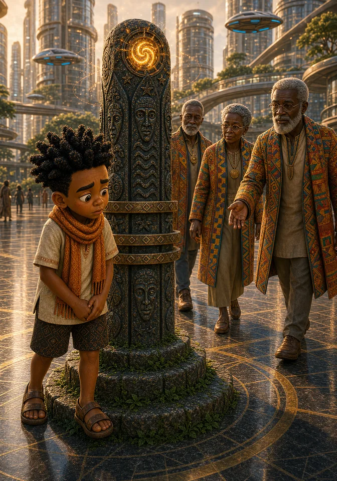 Three future elders gently confront Kweku beside the trembling totem.