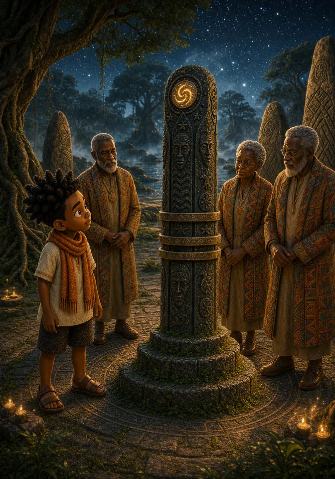 Kweku and the elders bring the totem to a convergence grove.