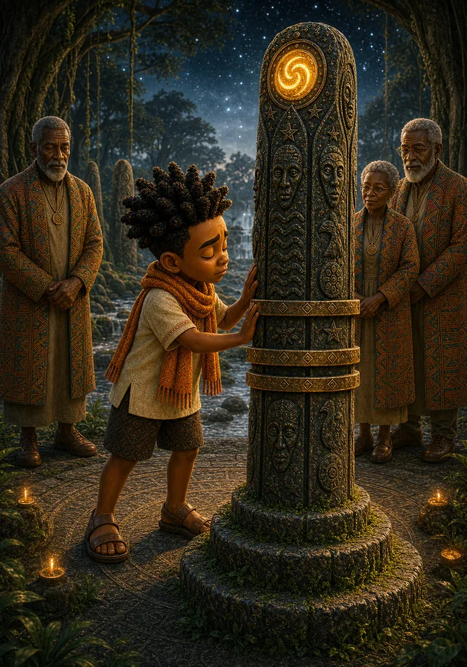 Kweku apologizes with both hands on the cold stone totem.
