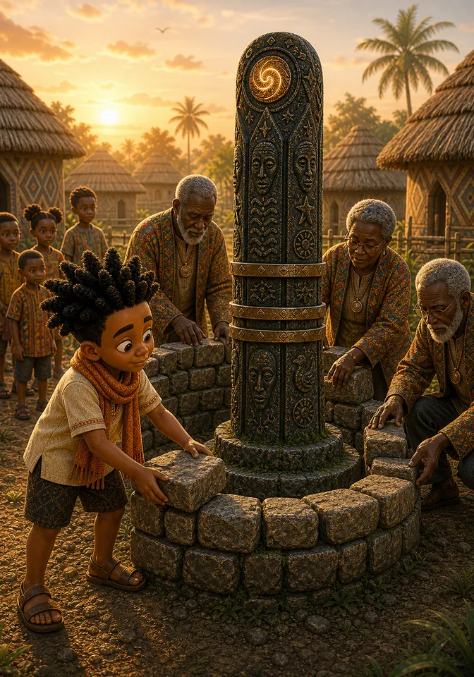 Kweku helps elders protect the sealed totem at the village edge.