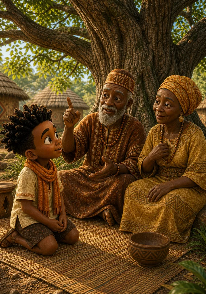 Village elders explain the magical tree to Kweku beneath its empty branches.