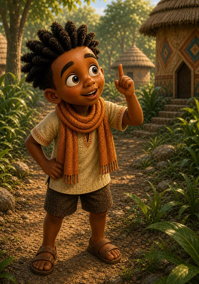 Curious Kweku looks excited after hearing about the tree’s magic fruit.