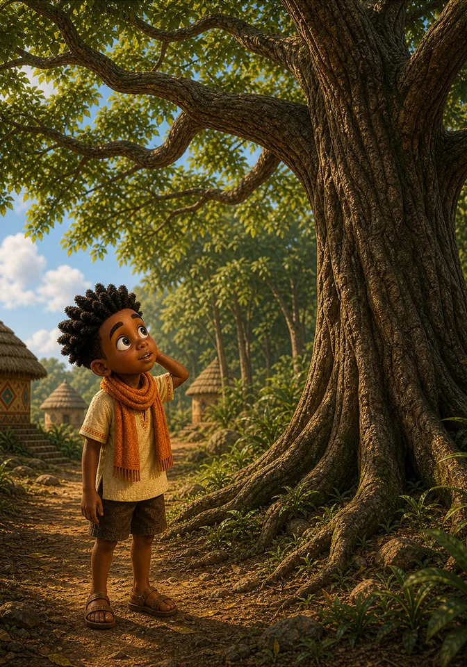 Kweku searches the Tree of Generosity’s empty branches.