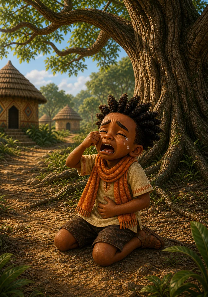Kweku pretends to be hungry and sad beneath the fruitless tree.
