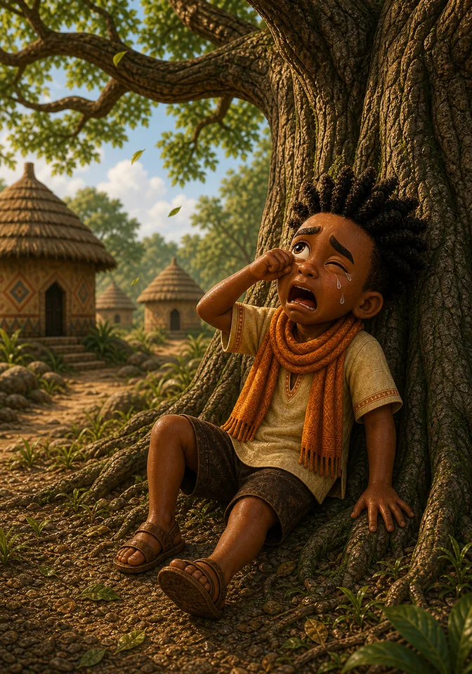 Kweku exaggerates pretend sorrow, but the tree remains empty.