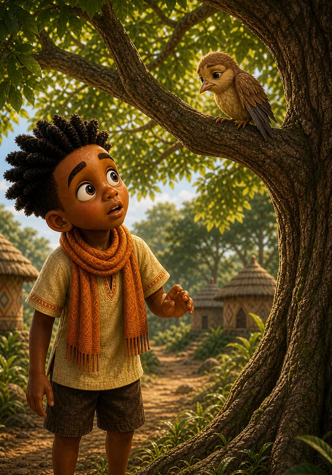 Kweku notices a tired little bird with a gently hurt wing in the tree.