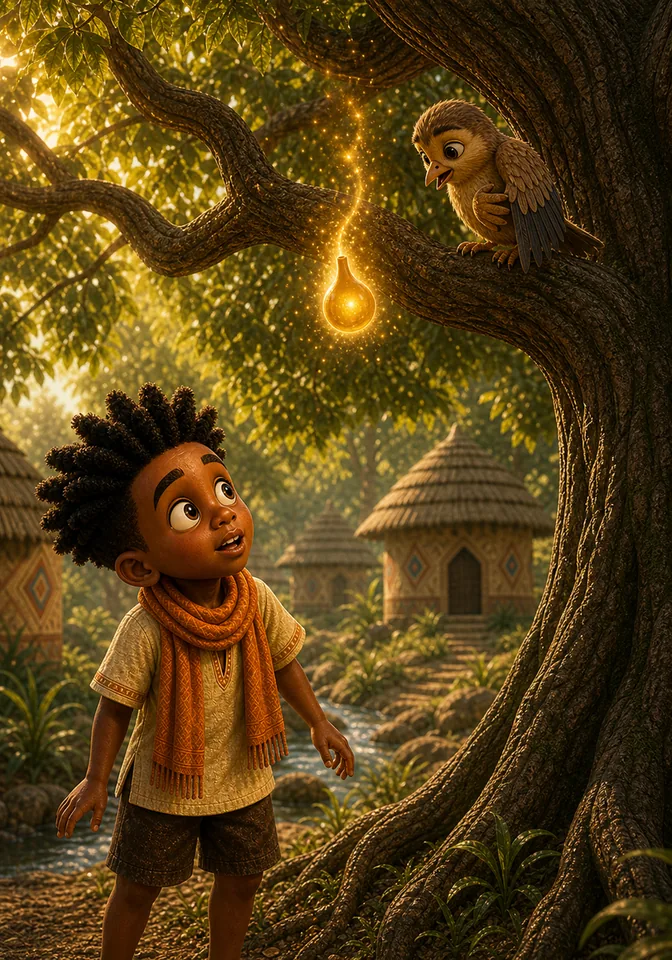 A single glowing golden fruit appears and drops gently toward the little bird.