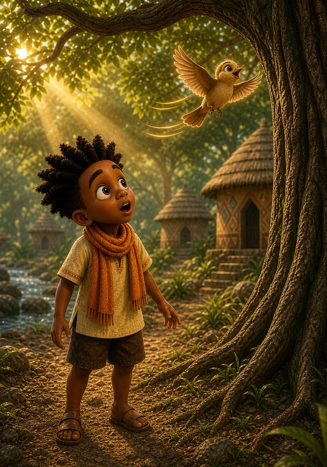 The healed bird flies joyfully above the astonished Kweku.
