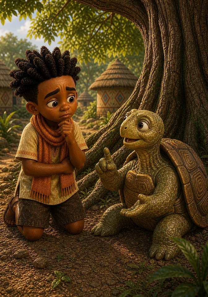 Tortoise kindly explains true need to a thoughtful Kweku.